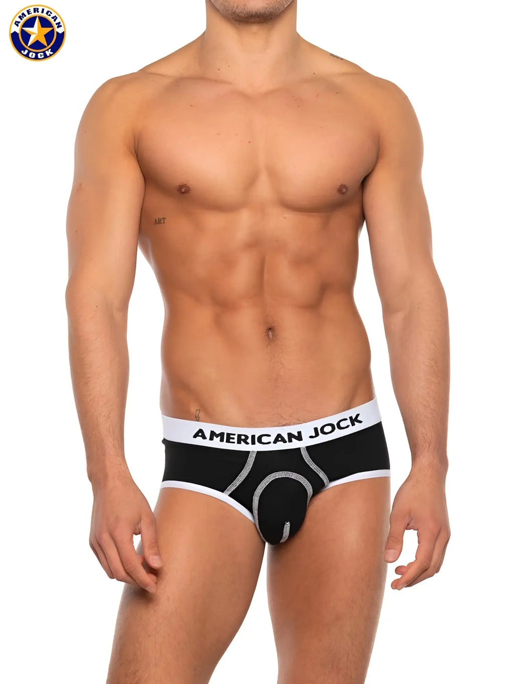 Black american jock briefs with white trim and subtle geometric pattern from A J Basics brief collection