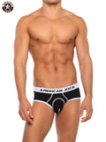 Black american jock briefs with white trim and subtle geometric pattern from A J Basics brief collection