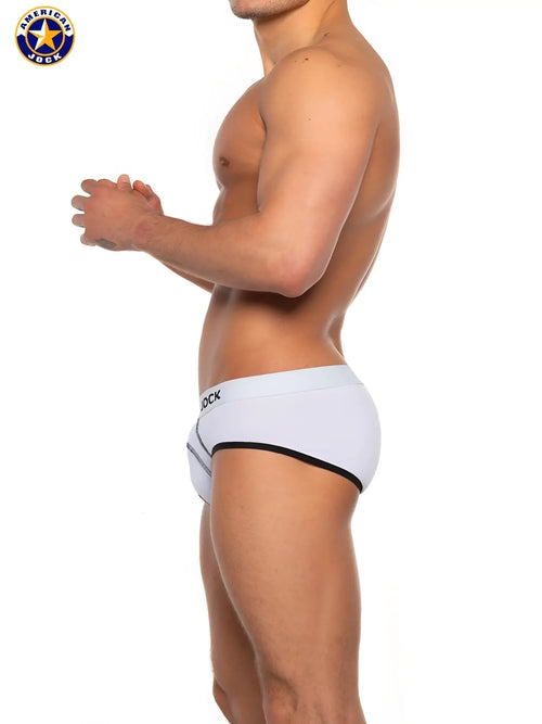A j basics brief featuring white american jack briefs with black trim and a subtle side seam design