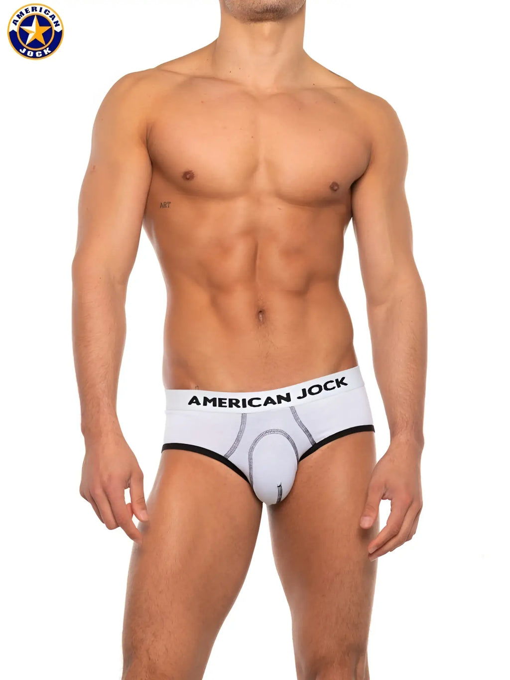 White american jock briefs with black trim and subtle gray stitching detail from AJ Basics Brief collection