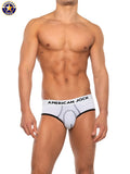 White american jock briefs with black trim and subtle gray stitching detail from AJ Basics Brief collection
