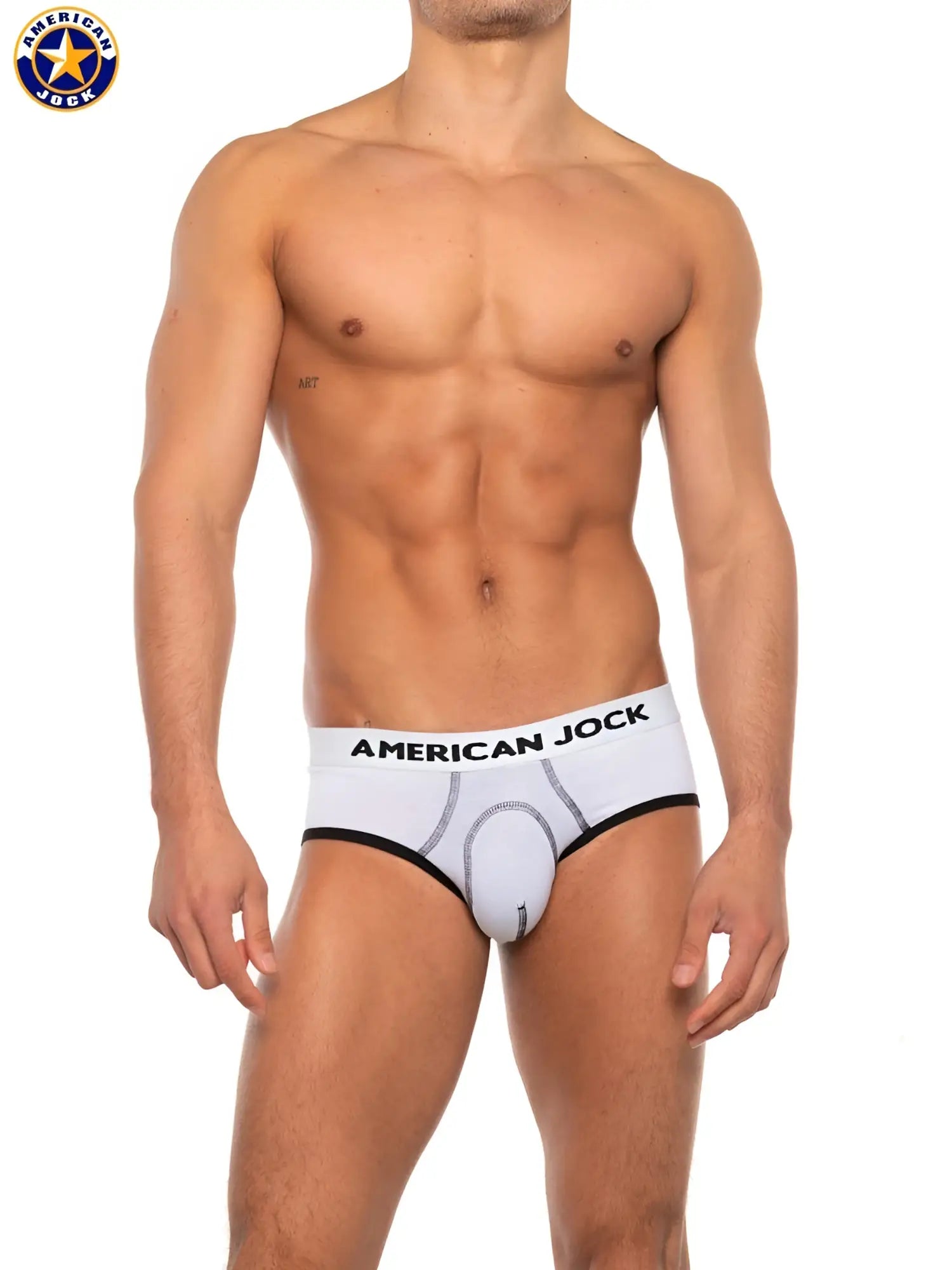 White american jock briefs with black trim and subtle gray stitching detail from AJ Basics Brief collection