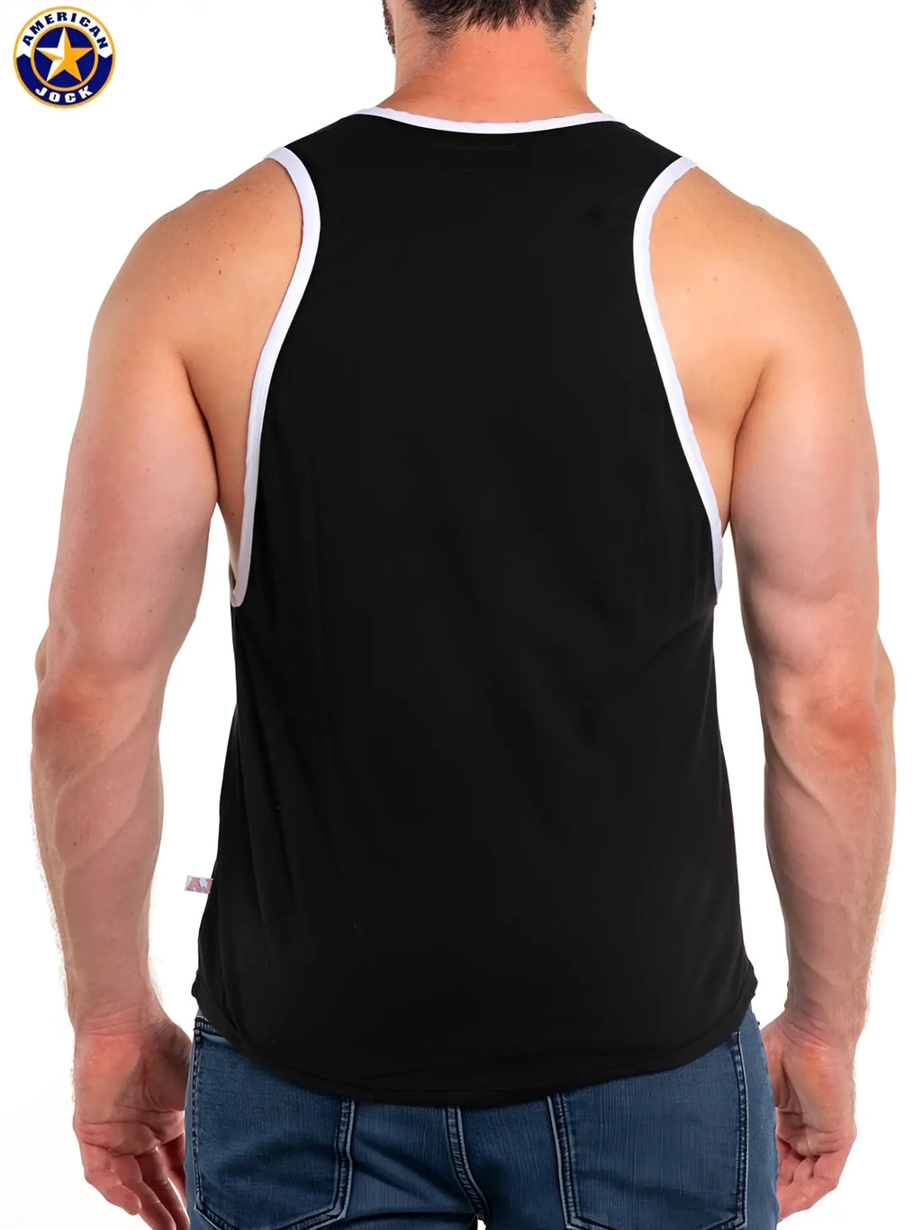 Black american jock tank top with white trim along neckline and armholes from a j basics deep armhole tank collection