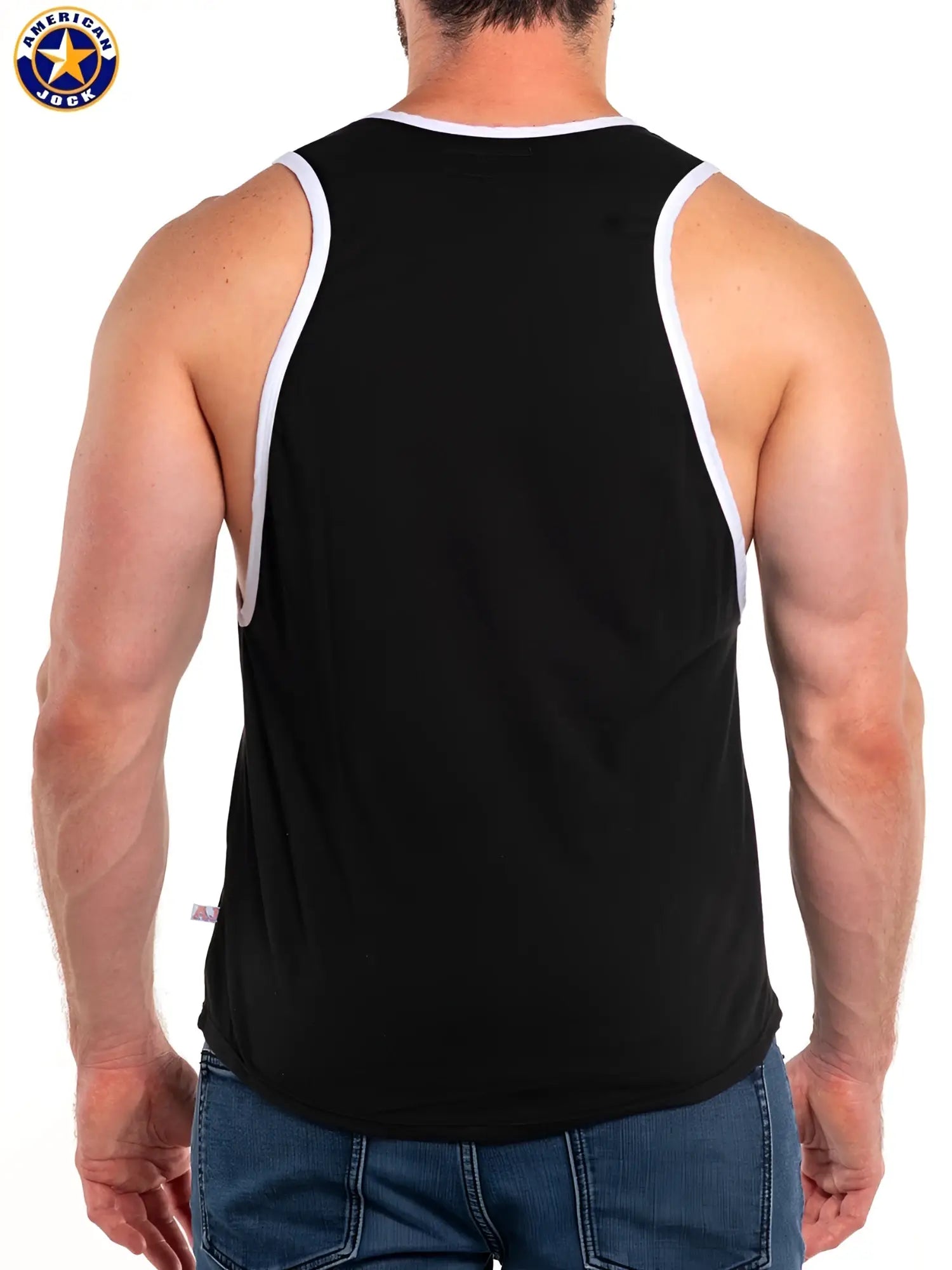Black american jock tank top with white trim along neckline and armholes from a j basics deep armhole tank collection