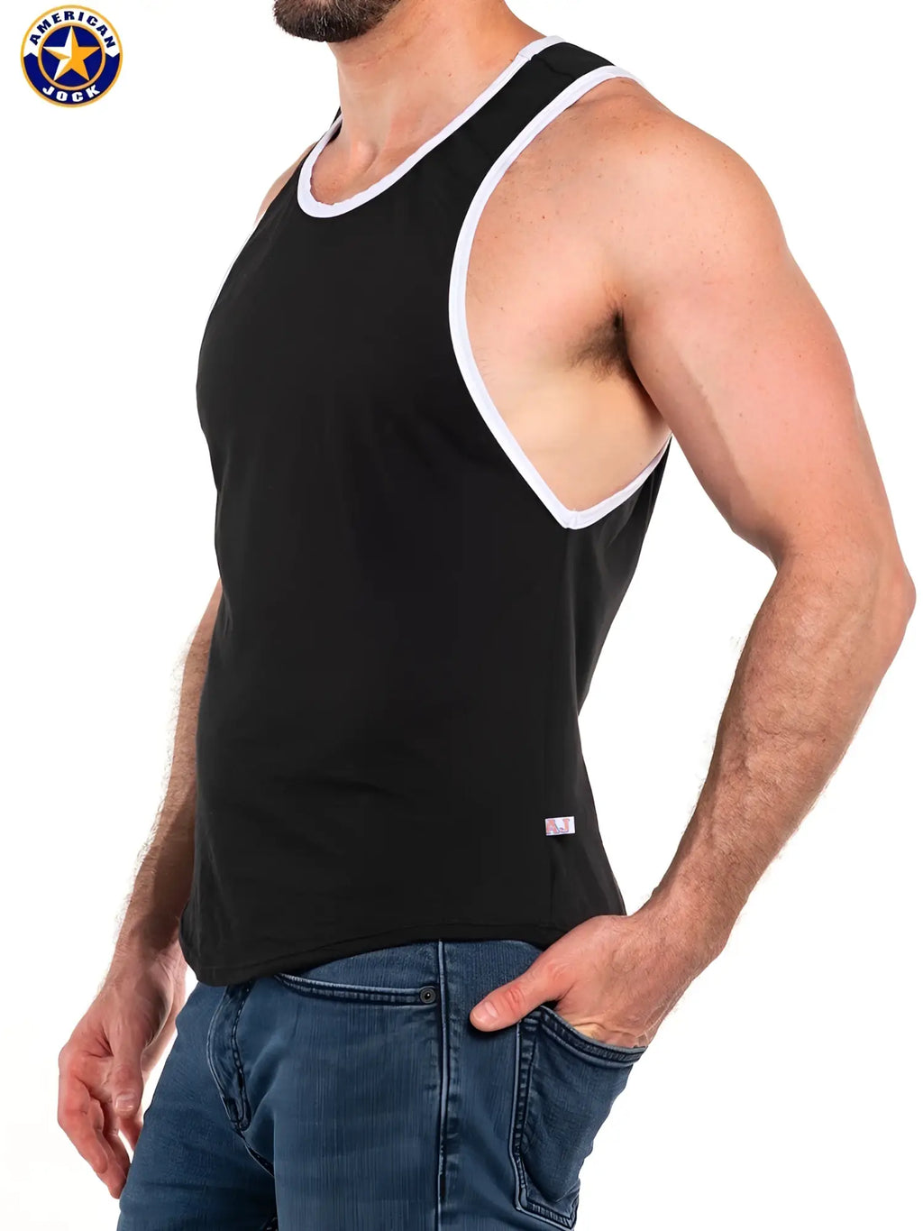 Black american jock tank top with deep armholes and white trim in breathable cotton blend for casual wear