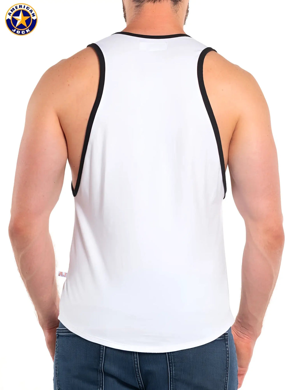 White american jack tank top with black trim along neckline and armholes from a j basics deep armhole tank collection