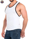 White american jack deep armhole tank top with black trim made of lightweight cotton for casual wear