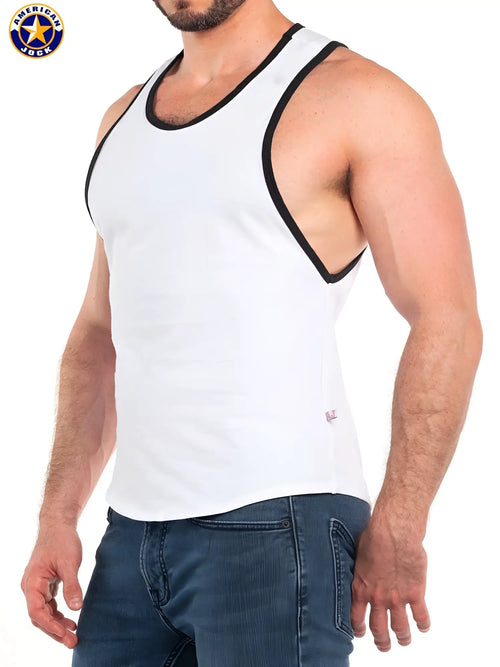 White american jack deep armhole tank top with black trim made of lightweight cotton for casual wear