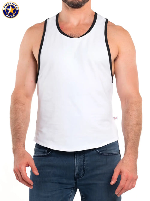 A white american jock tank top with black trim and deep armholes designed by a j basics for athletic use