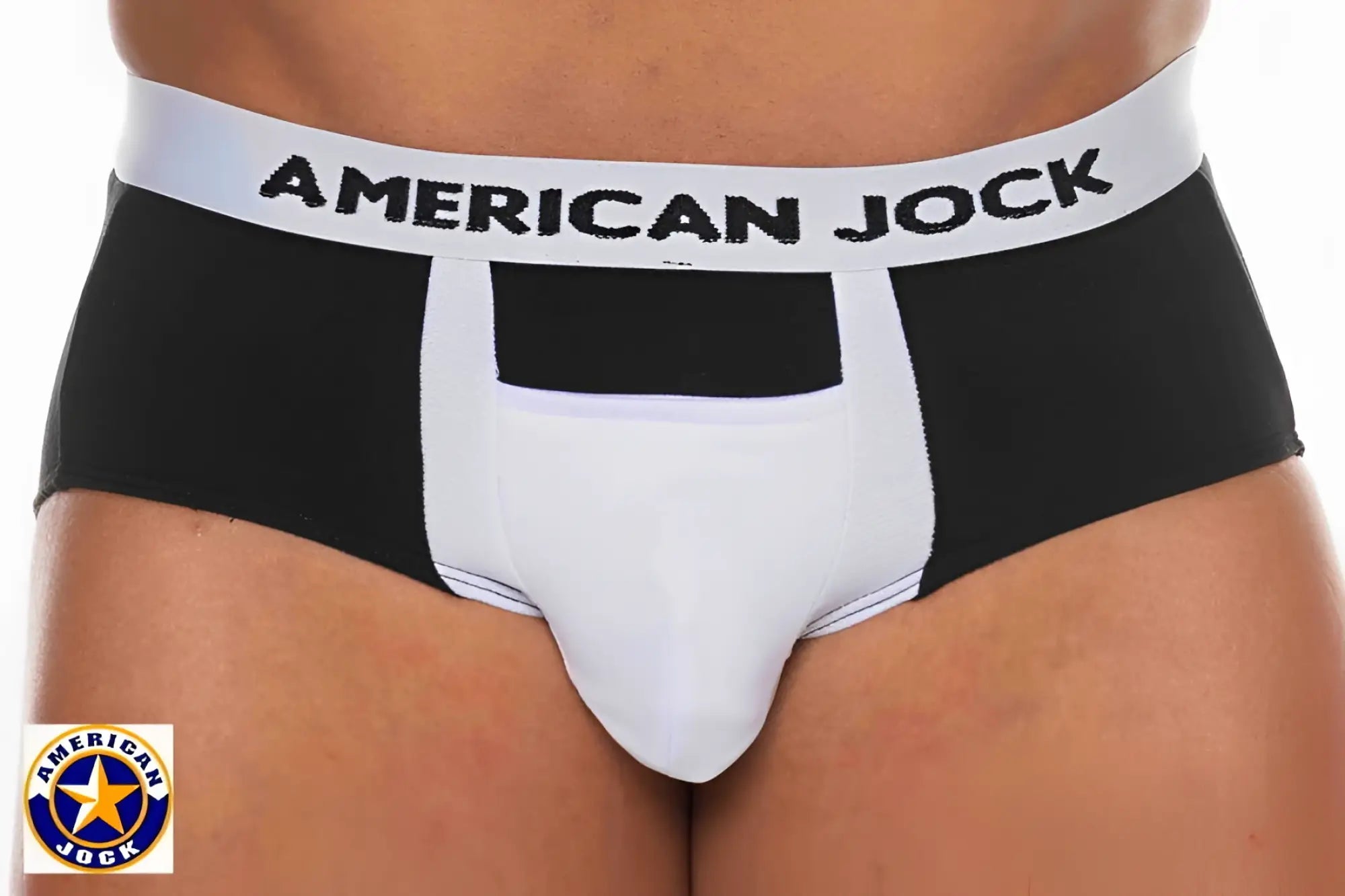 A j basics full cut brief featuring black and white american jock briefs with a bold contrasting design