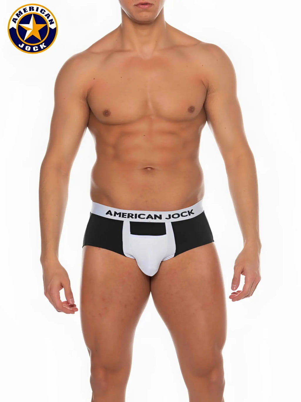 A j basics full cut brief in black and white with a central white panel designed for american jock support