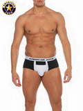 A j basics full cut brief in black and white with a central white panel designed for american jock support