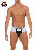 A j basics full cut brief featuring white and black jock briefs with bold contrasting design for athletic wear