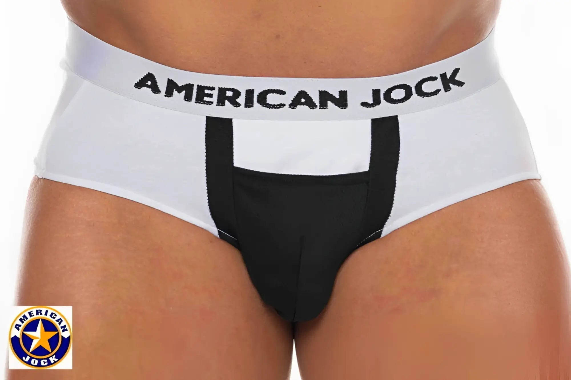 A j basics full cut brief featuring white and black american jock briefs with a bold contrasting design