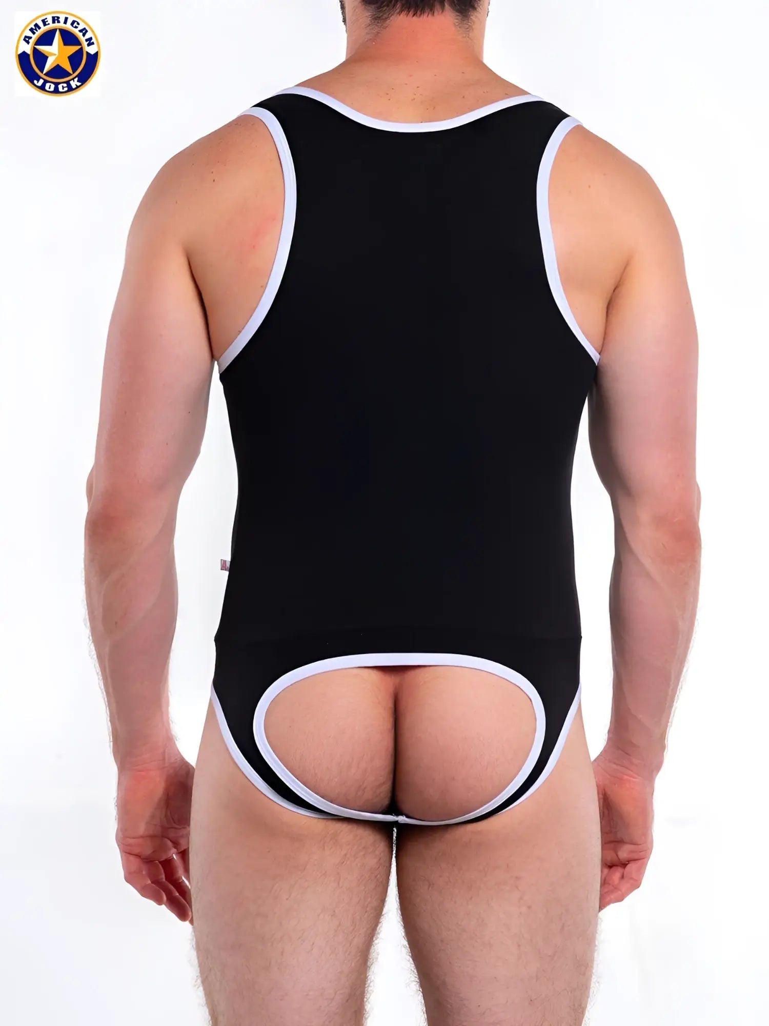 Back view of a black a j basics jock singlet tank top with white trim and a distinctive cutout design