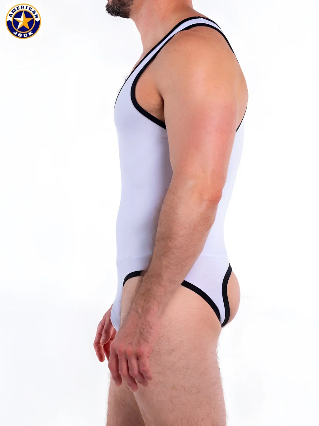White american jock tank top with black trim by a j basics made from breathable fabric for athletic use