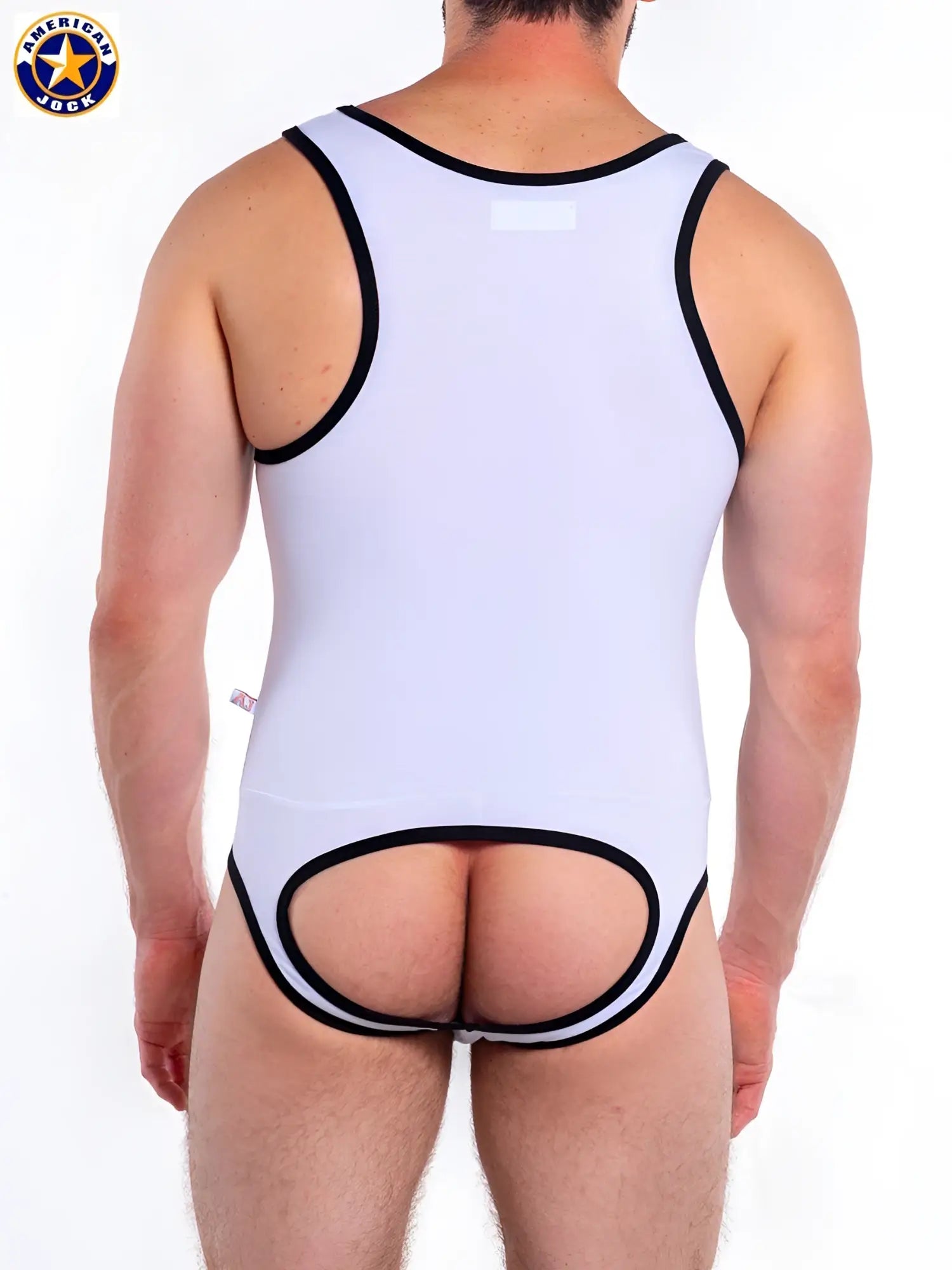 White american jock tank top by A J Basics with black trim and a distinctive back cutout shown from the back side