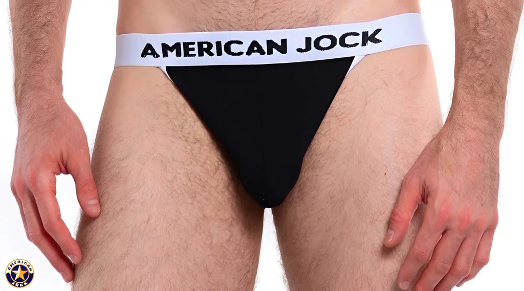Black american jock brand briefs with white waistband and bold black lettering in a j basics jockstrap design