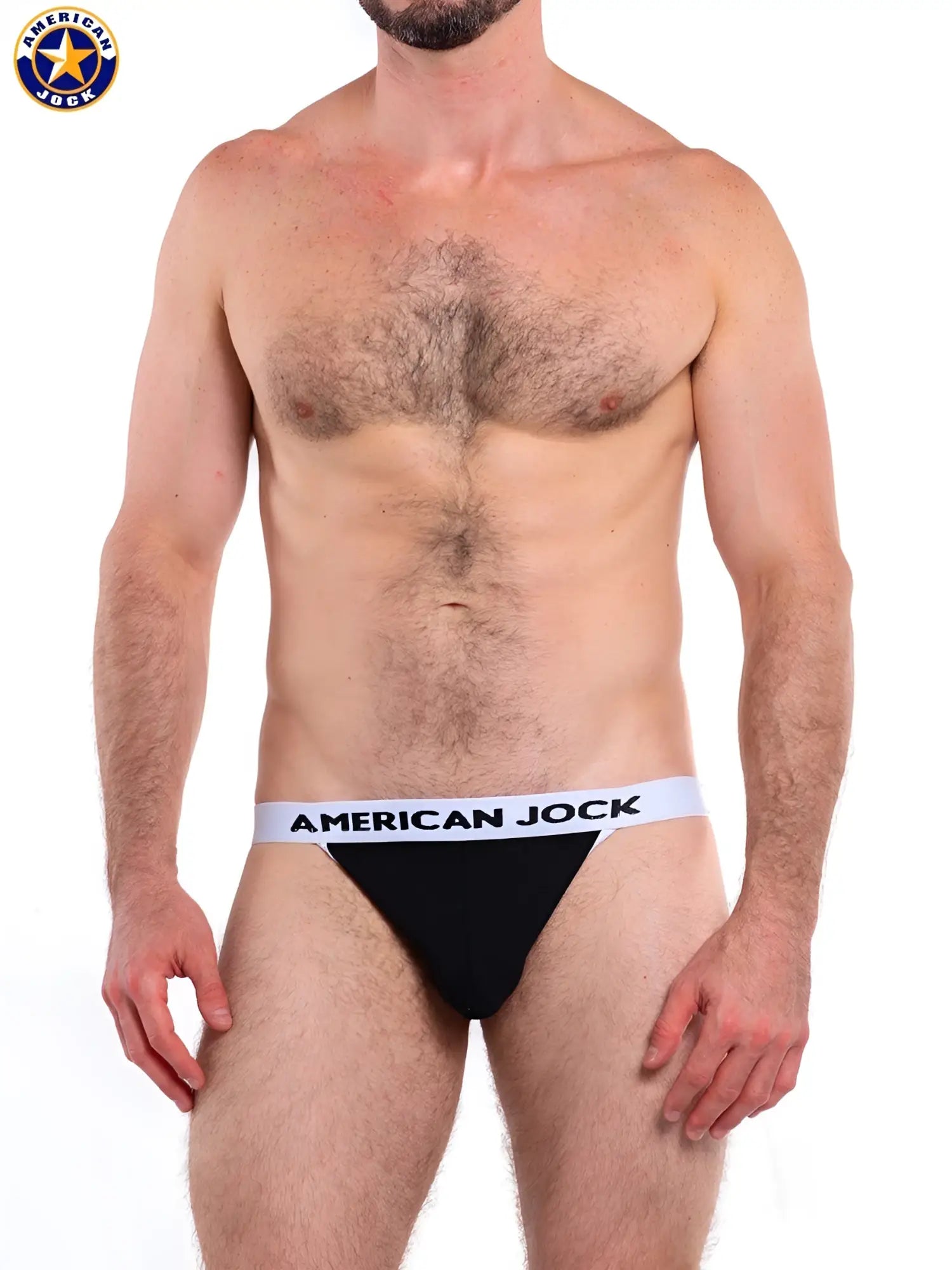 Black american jock briefs with a white waistband featuring bold black a j basics branding front view