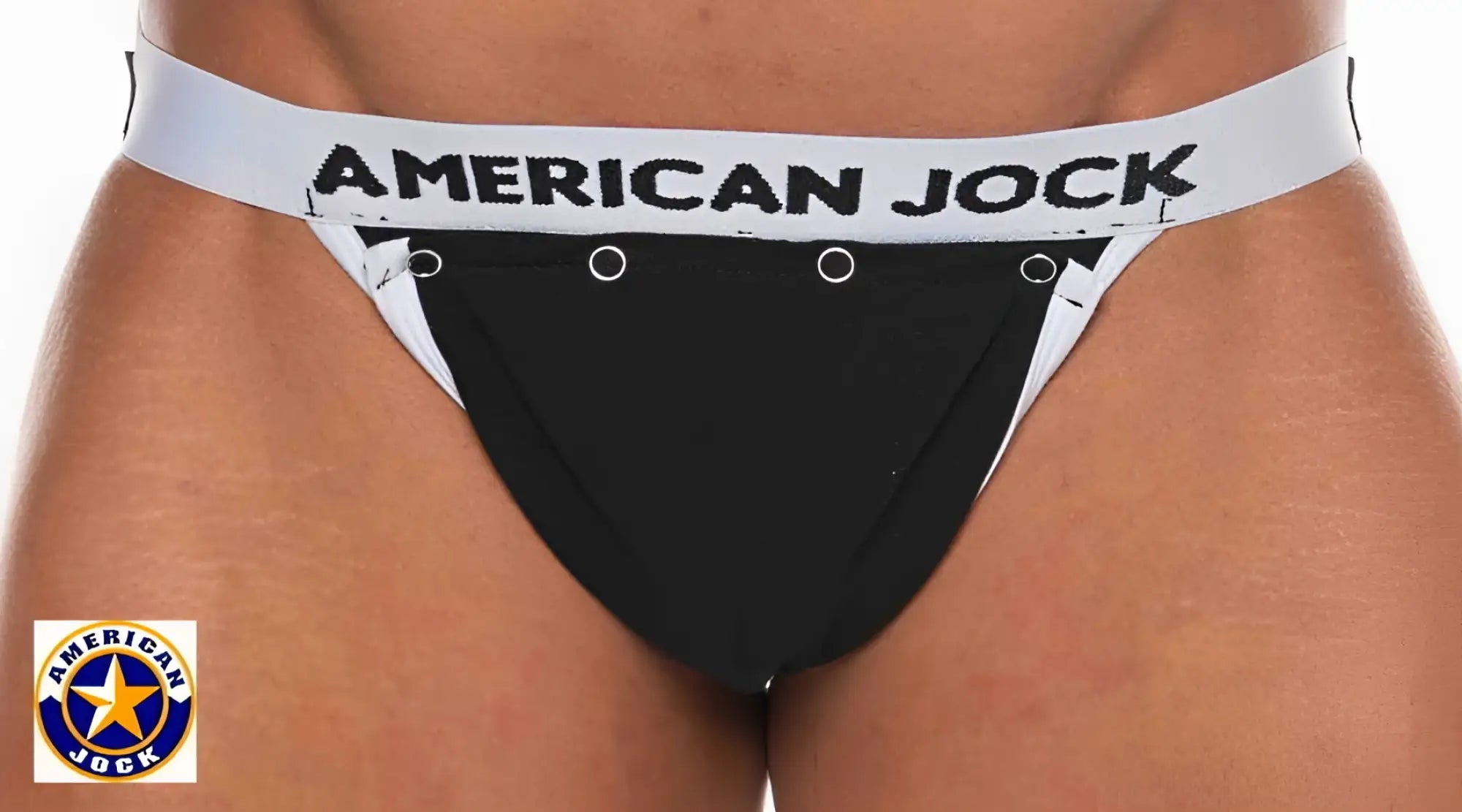 Black american jock briefs with white waistband and bold black a j basics branding featuring removable code piece