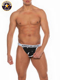 Black American jock briefs with white waistband and silver button details from A J Basics jockstrap with removable code piece