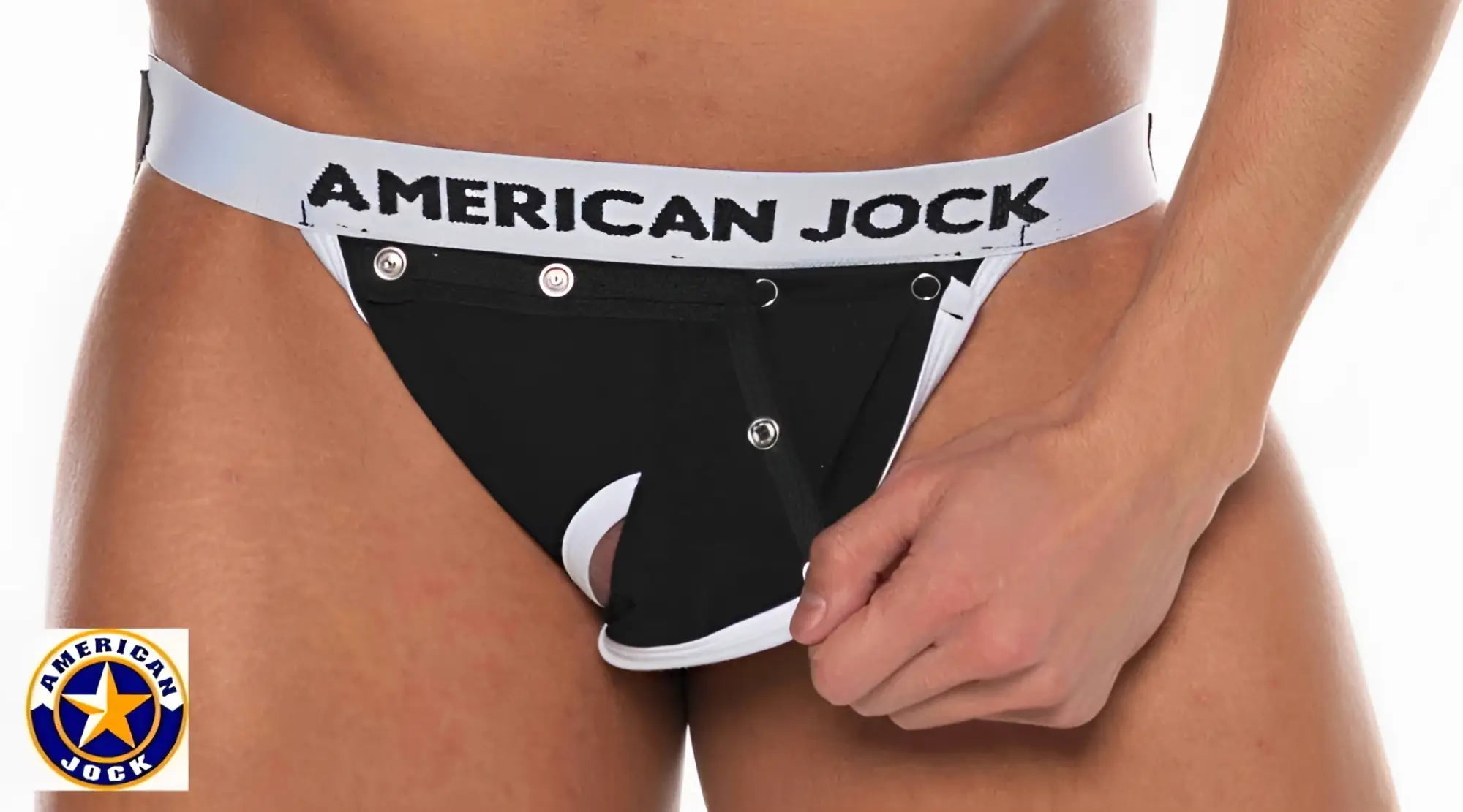 Black american jock briefs with white waistband and silver snap buttons from a j basics jockstrap with removable code piece