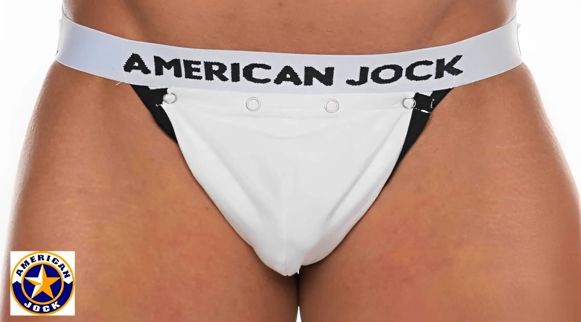 White american jock briefs with black trim and branded waistband featuring removable code piece by a j basics
