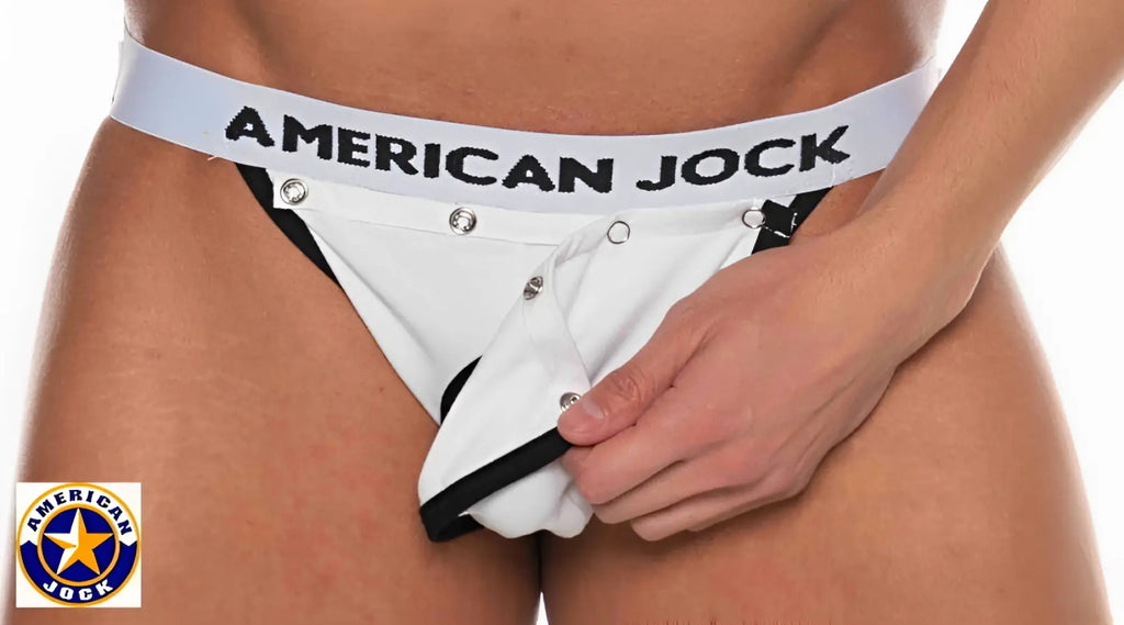 White american jock briefs with black trim and button details from aj basics with removable code piece