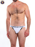 White American jock briefs with black trim and bold logo band from A J Basics jockstrap collection