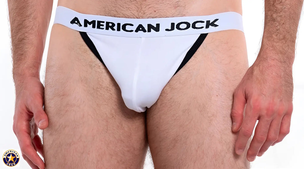 A j basics jockstrap white american jock briefs with black trim and bold waistband lettering front view