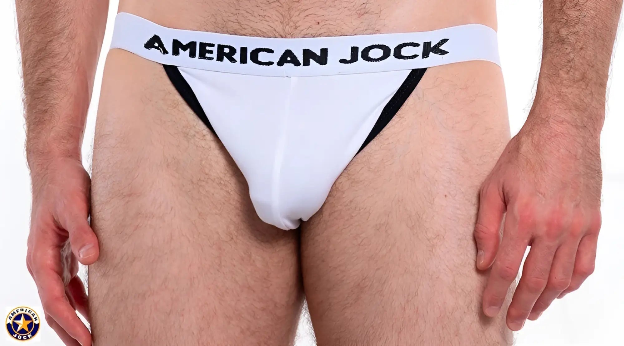 A j basics jockstrap white american jock briefs with black trim and bold waistband lettering front view
