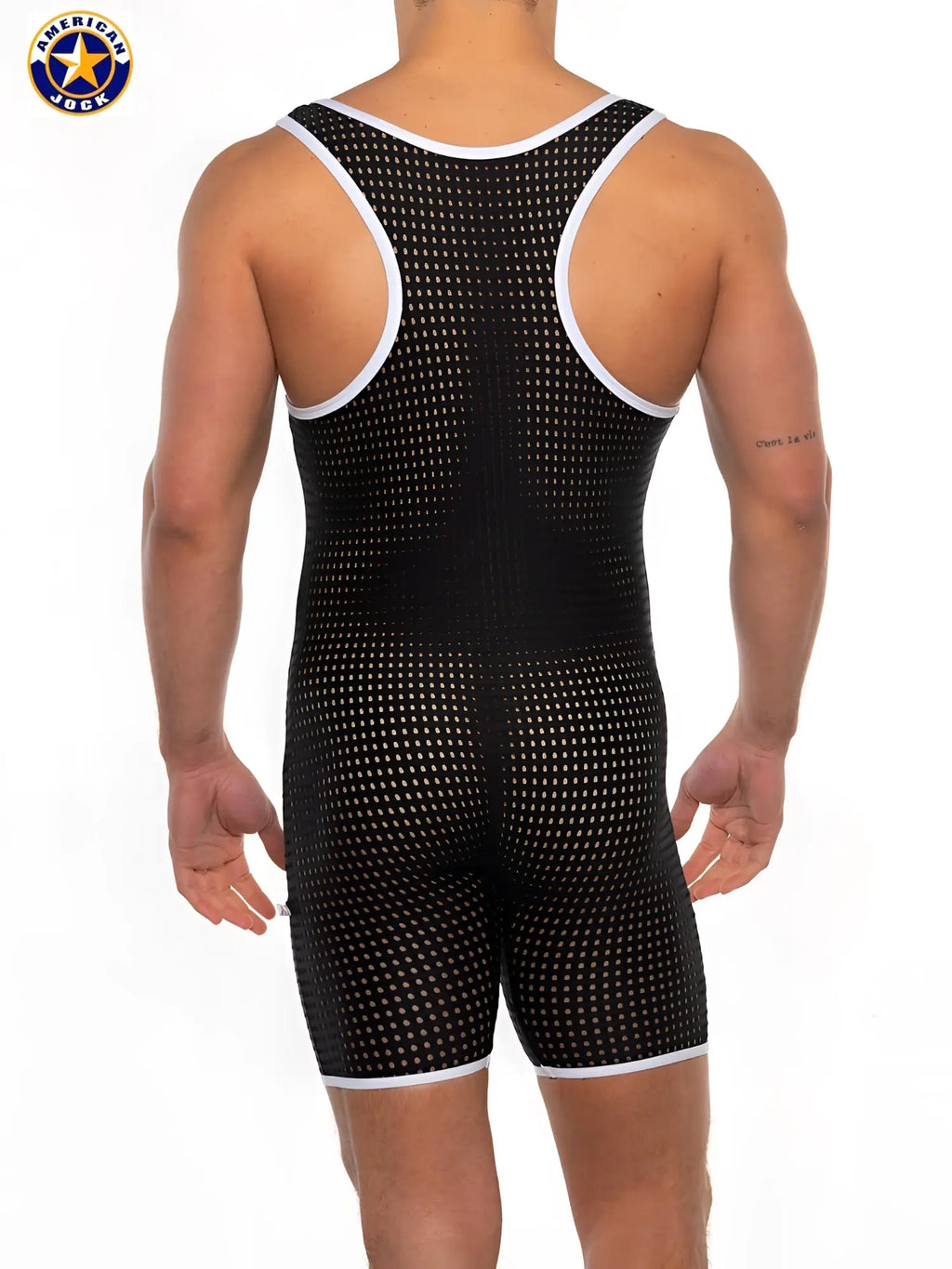 Black A J Basics scoop singlet with white trim and mesh pattern made for wrestling use