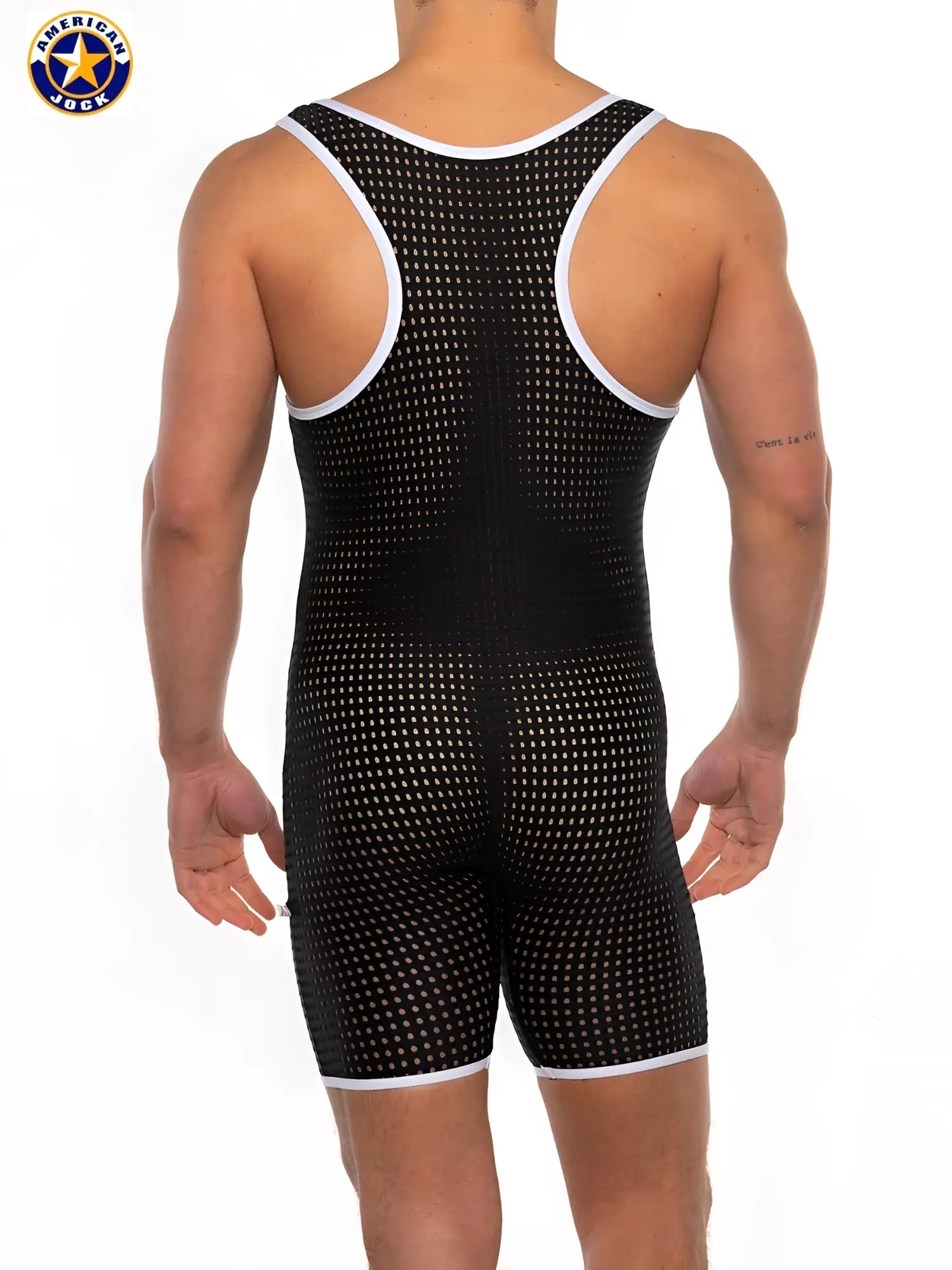 Black A J Basics scoop singlet with white trim and mesh pattern made for wrestling use