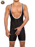 A j basics scoop singlet in black with white trim and subtle dotted pattern designed for wrestling use