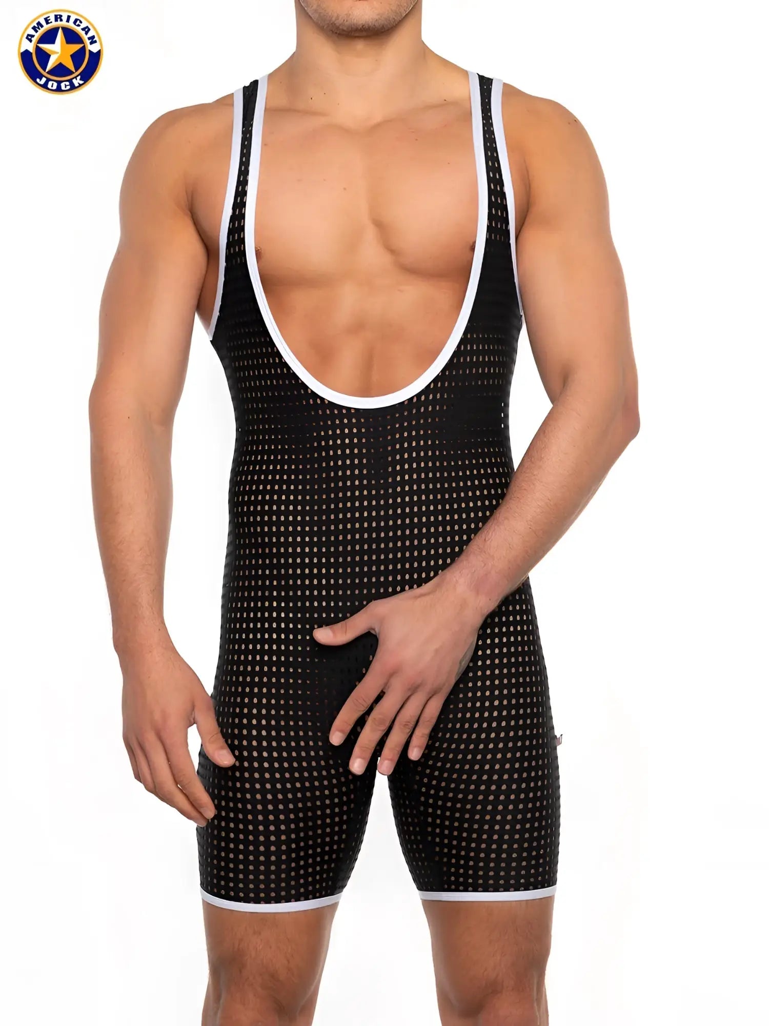 A j basics scoop singlet in black with white trim and subtle dotted pattern designed for wrestling use