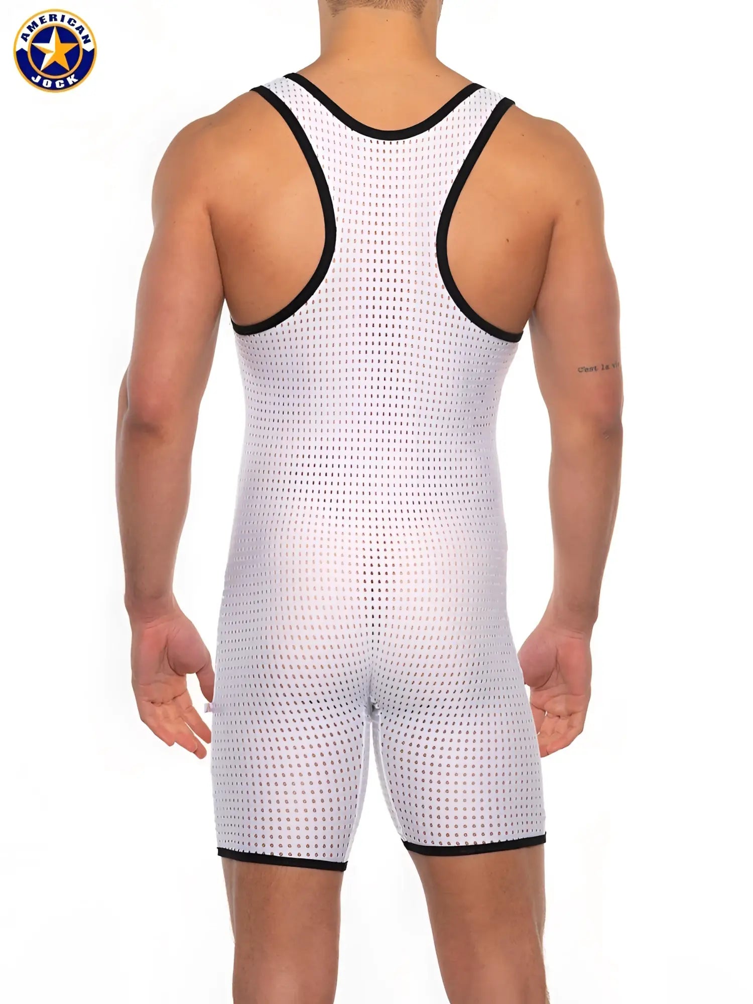 A white american jock wrestling singlet with black trim and mesh fabric design from a j basics scoop singlet