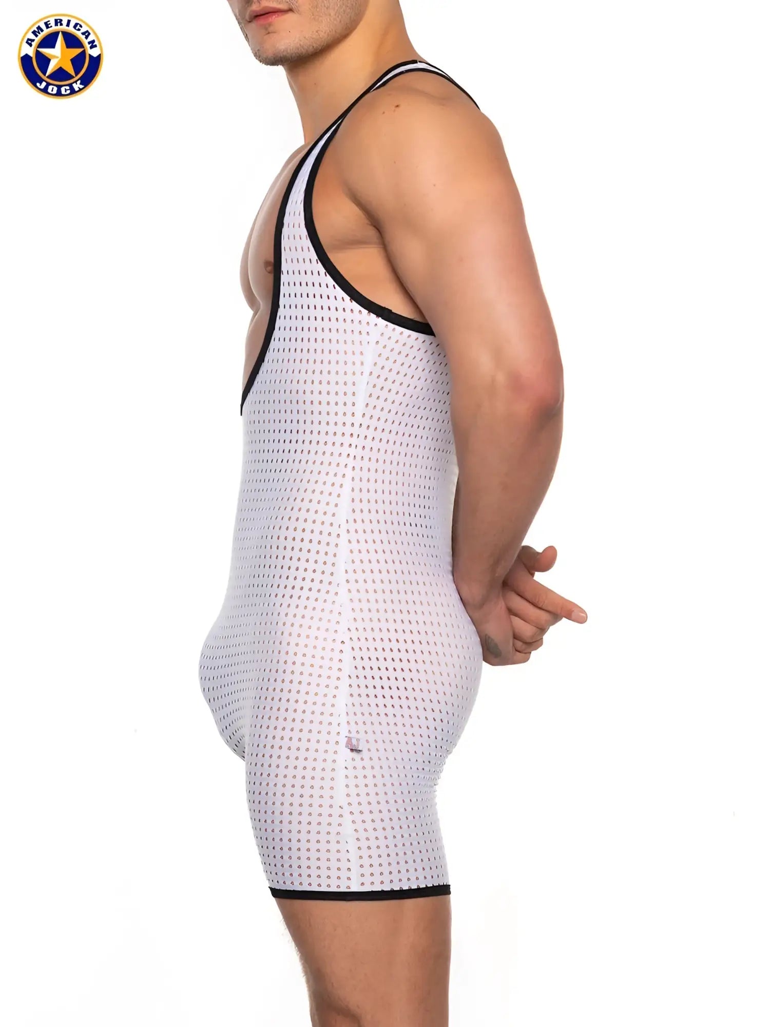 White mesh wrestling singlet with black trim and small aj basics logo on lower right side