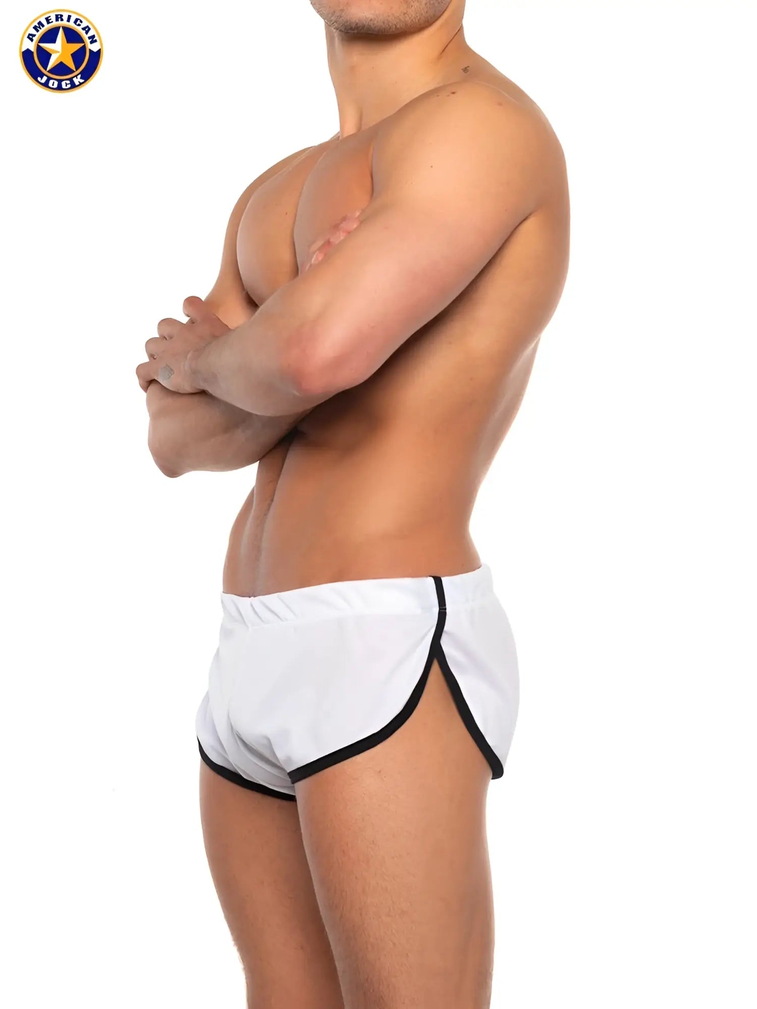 White american jack swim trunks with black trim featuring side split for comfort and style by a j basics