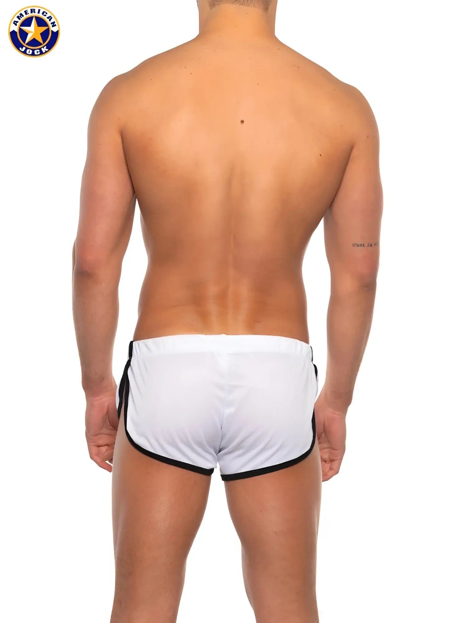 White american jock athletic shorts with black trim featuring side split design for sports and casual wear