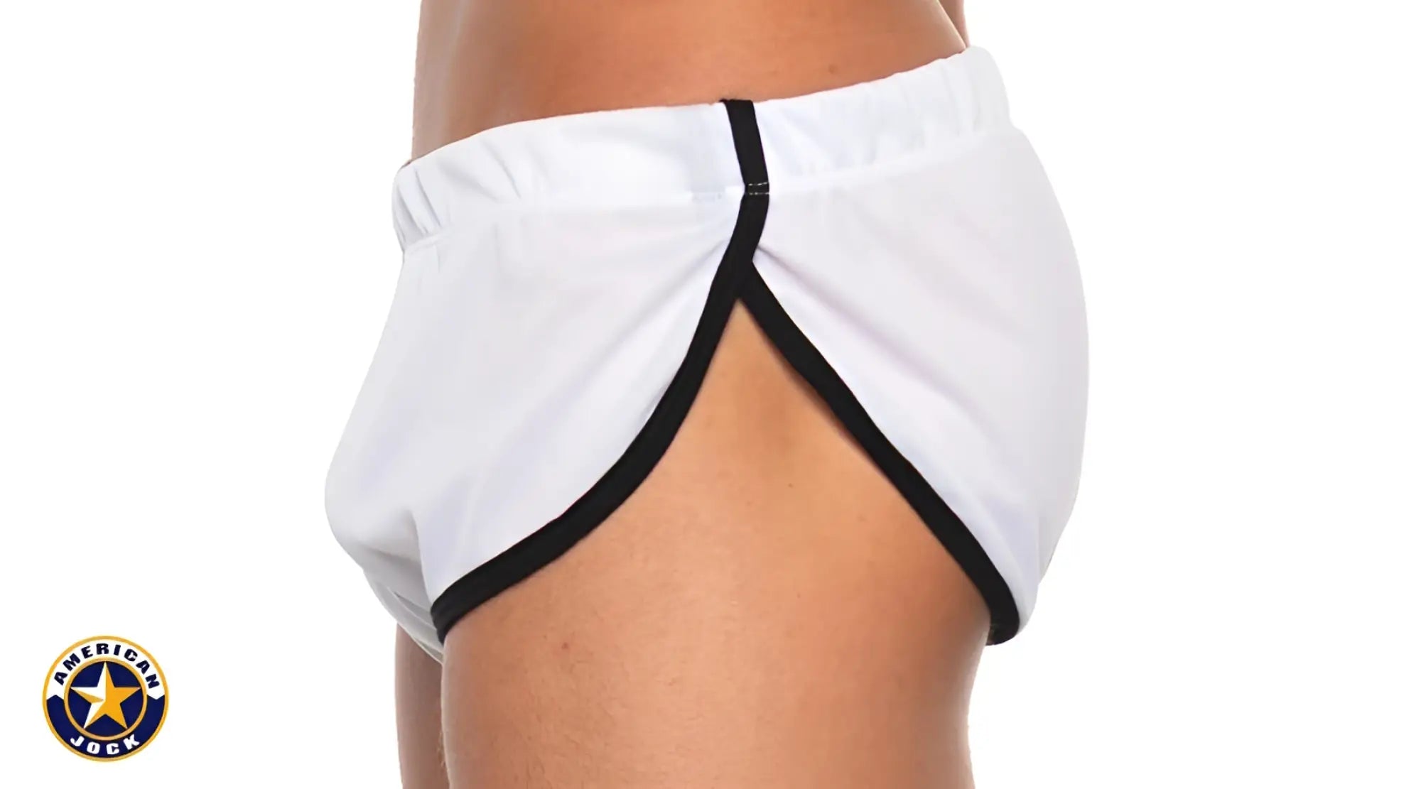 White american jock shorts with black trim and distinctive side slit in a j basics side split short design