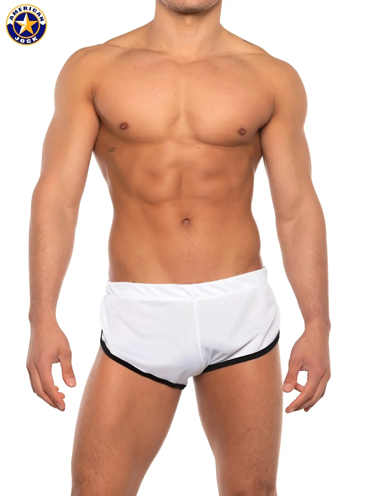 A j basics side split short white swim trunks with black trim featuring a sleek modern design