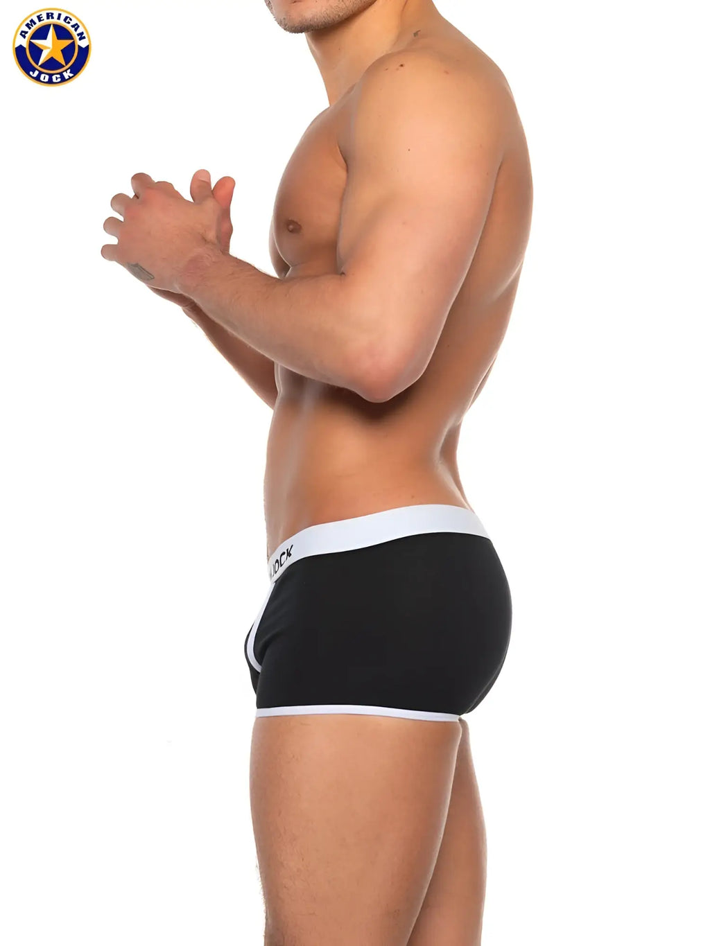 Black A J Basics trunk jack briefs with white trim and subtle logo on waistband in comfortable fabric