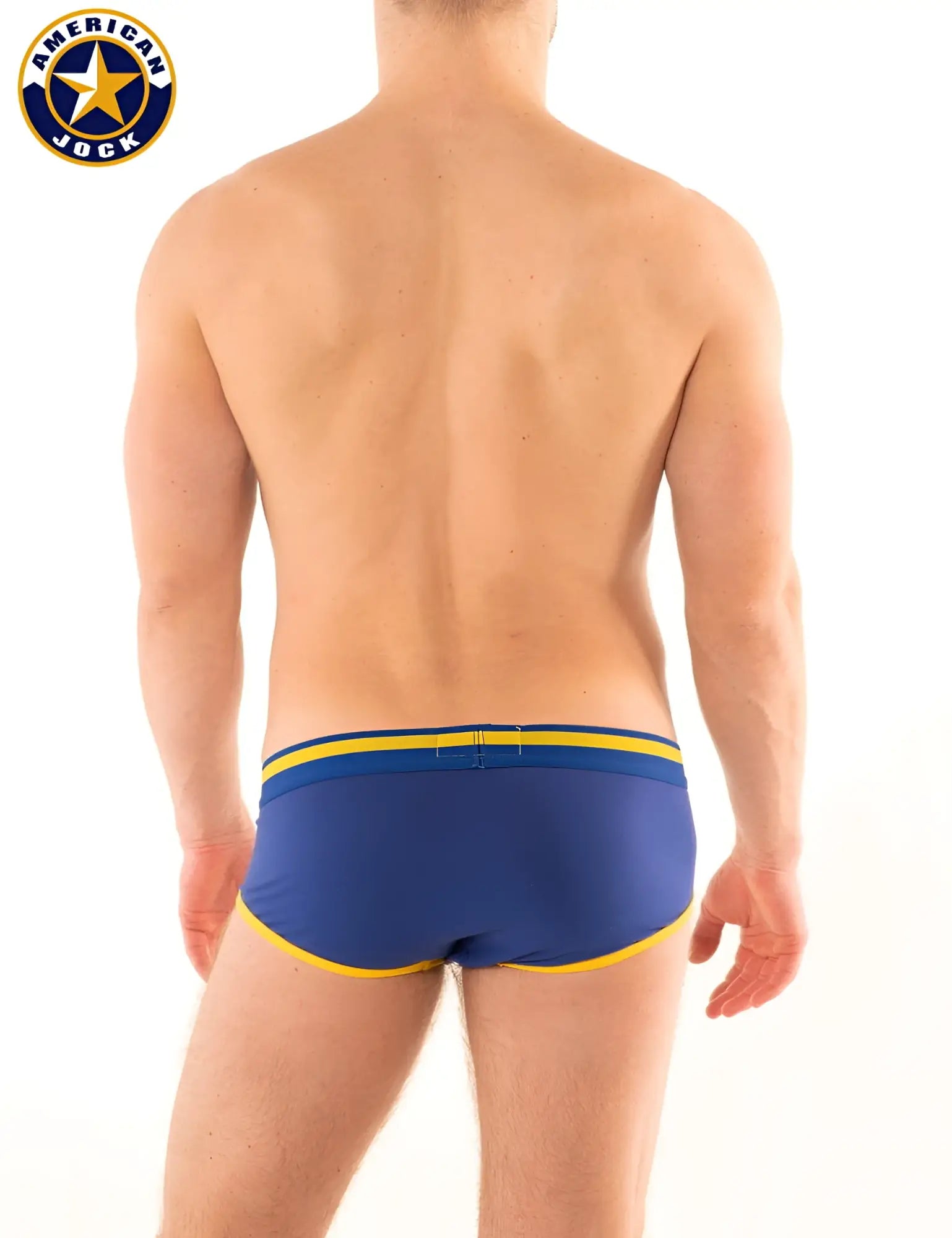 Blue american jock swim trunks with yellow trim from a j competitor athletic brief collection for swim activities