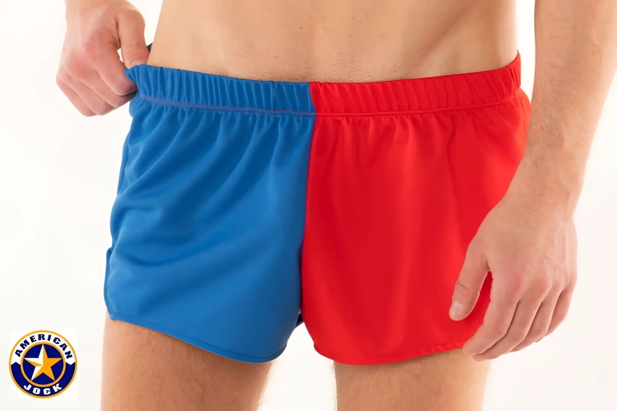 Aj competitor running short in blue and red two-tone athletic fabric with elastic waistband and bold color-block design