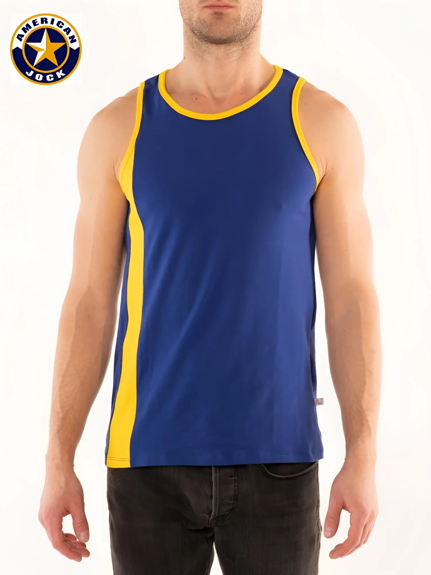 Blue american jock tank top with yellow trim featuring breathable fabric for athletic use in a j competitor design