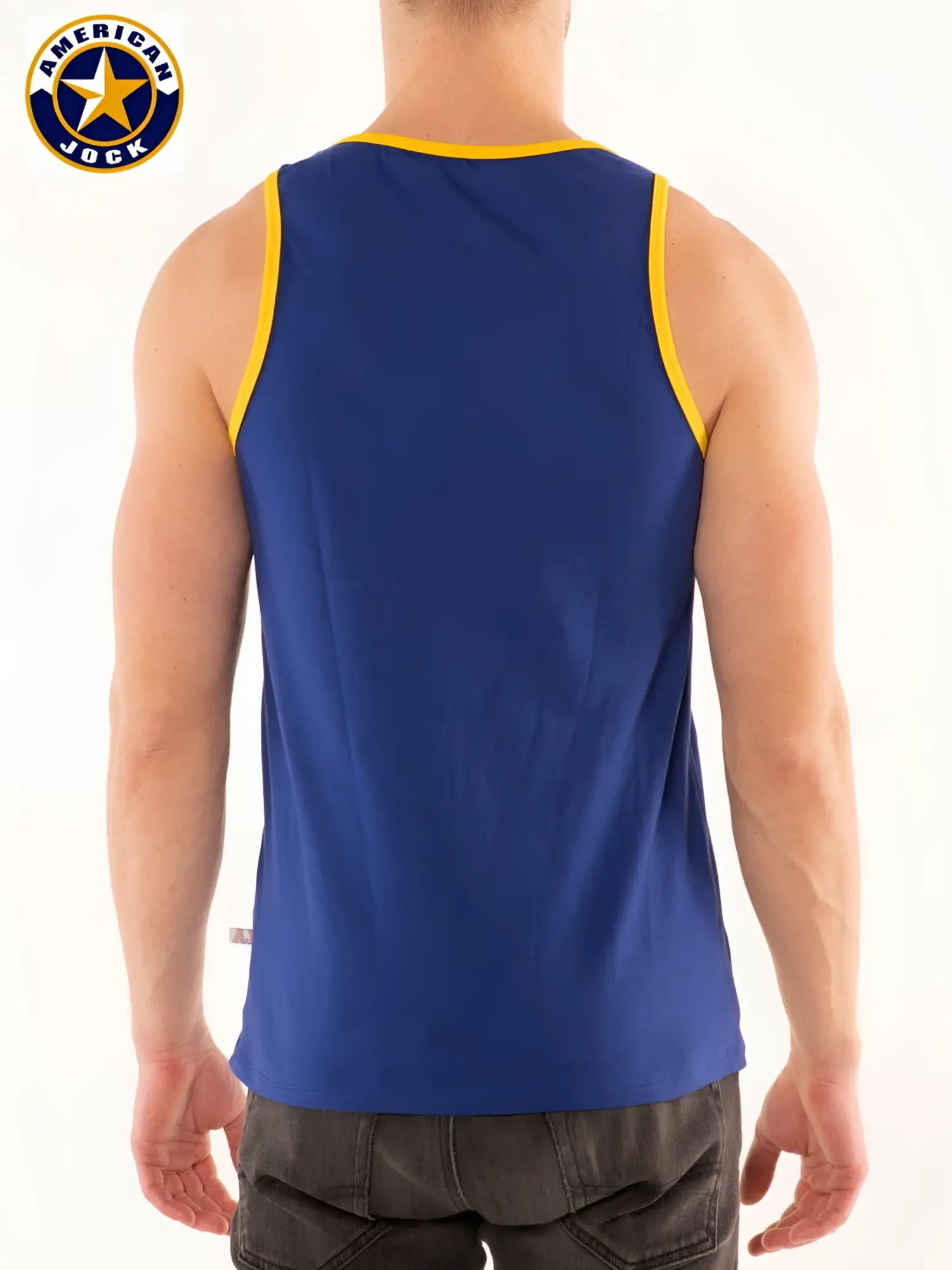 A j competitor tank top blue american jock tank top with yellow trim ideal for athletic wear