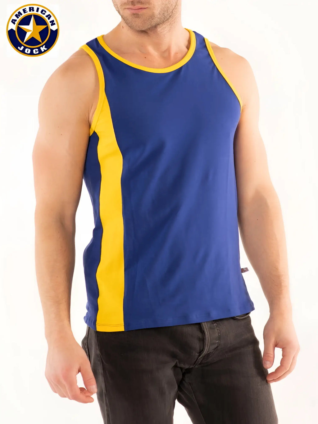 A blue and yellow american jock tank top with a bold vertical stripe down the side for athletic wear