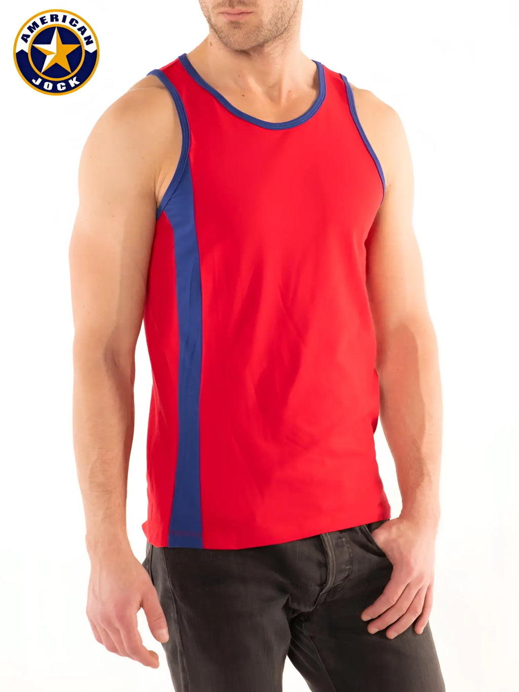 A red american jock tank top with blue trim designed for athletic use in the a j competitor tank top collection