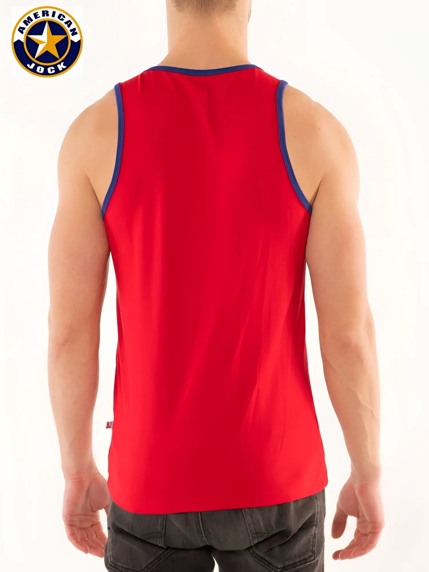 Red american jock tank top with navy blue trim from A J Competitor designed for athletic performance