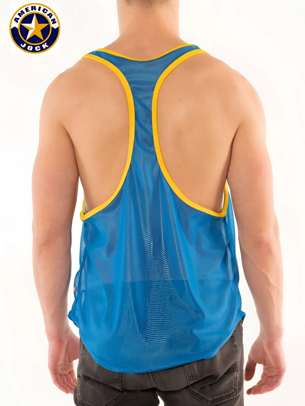 A blue mesh a j competitor track muscle tank with yellow trim racerback and american jock logo on upper left shoulder